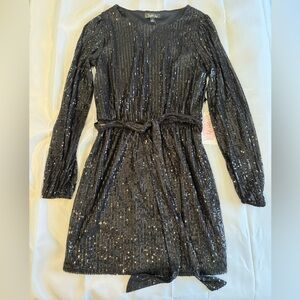 Crystal Sky Sequin Long Sleeve Belted Dress Black Size Small